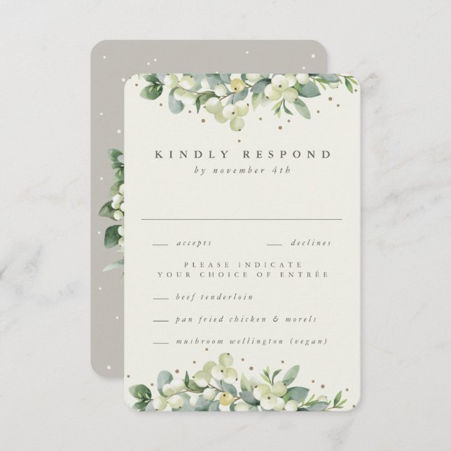 Greige/Cream Snowberry+Eucalyptus Edged Wedding RSVP Card (Front/Back)