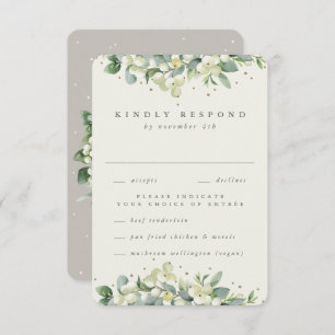 Greige/Cream Snowberry+Eucalyptus Edged Wedding RSVP Card