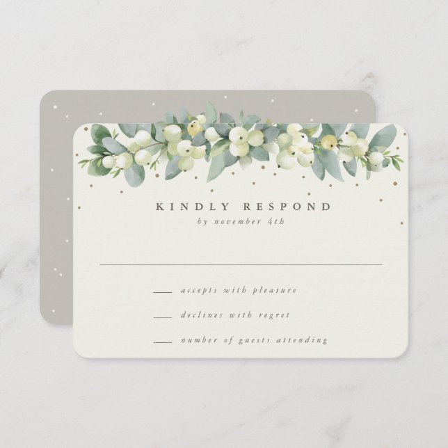 Greige/Cream Snowberry+Eucalyptus Garland Wedding RSVP Card (Front/Back)