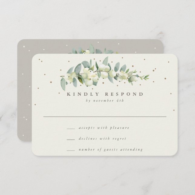 Greige/Cream Snowberry+Eucalyptus Stem Wedding RSVP Card (Front/Back)
