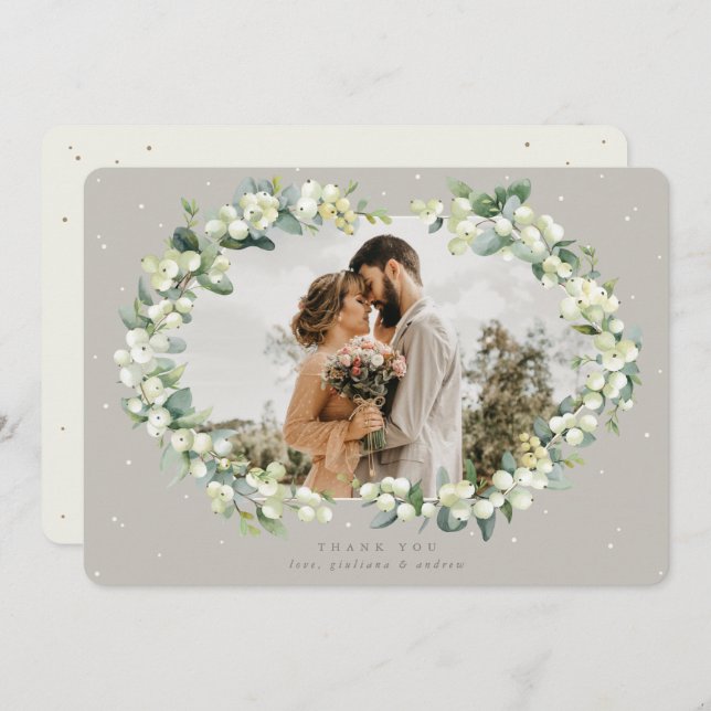 Greige/Cream Snowberry+Eucalyptus Wedding Photo Thank You Card (Front/Back)