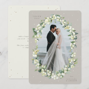 Greige/Cream Snowberry+Eucalyptus Wedding Photo Thank You Card