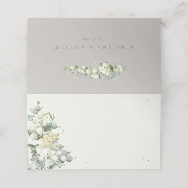 Greige/Cream Snowberry+Eucalyptus Winter Wedding Place Card (Outside Unfolded)