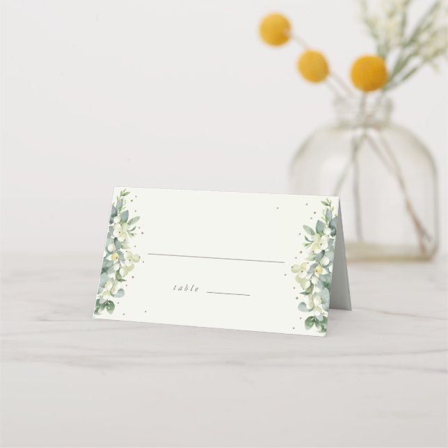 Greige/Cream Snowberry + Eucalyptus Winter Wedding Place Card (Front)