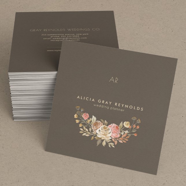 Greige Monogram Rose Gold Floral Wedding Planner Square Business Card (Creator Uploaded)