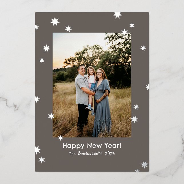 Greige Simple Shiny Stars One Photo Happy New Year Foil Holiday Card (Front)
