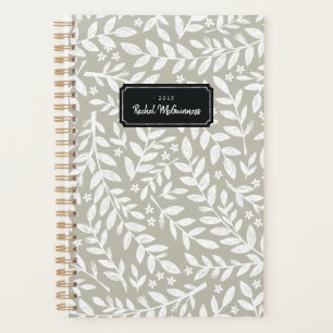 Greige Sketched Floral Leaf Year and Name Planner
