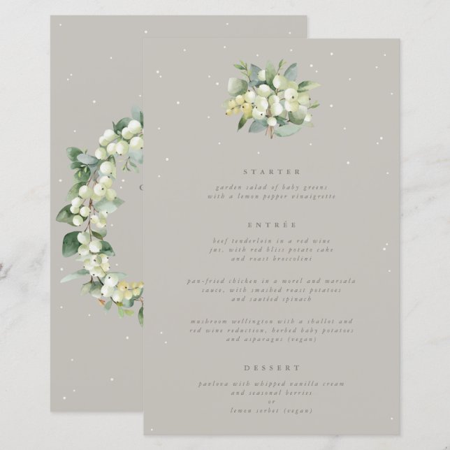 Greige Snowberry+Eucalyptus 3 Course Wedding Menu (Front/Back)