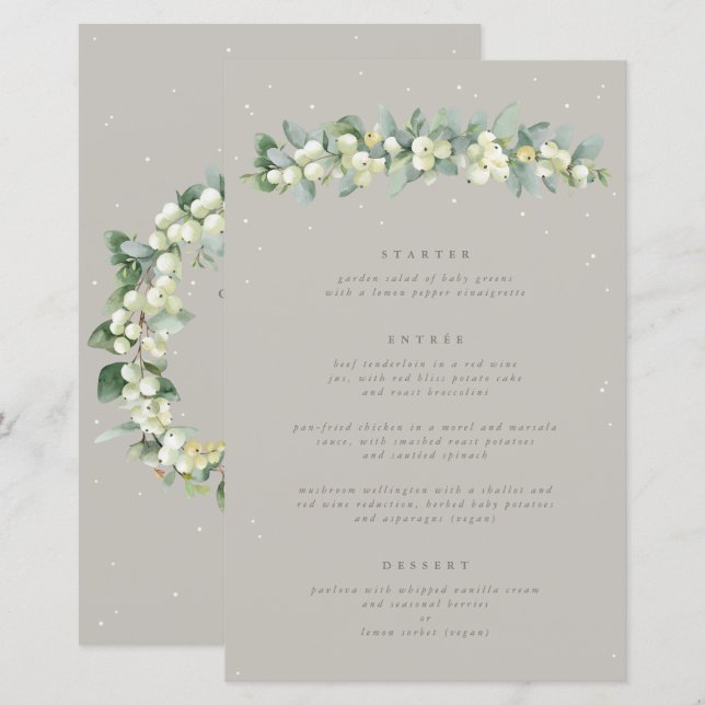 Greige Snowberry+Eucalyptus 3 Course Wedding Menu (Front/Back)