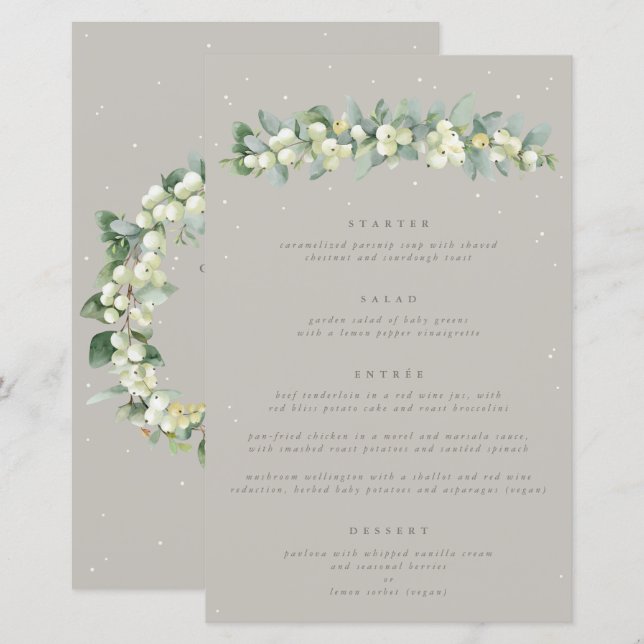 Greige Snowberry+Eucalyptus 4 Course Wedding Menu (Front/Back)