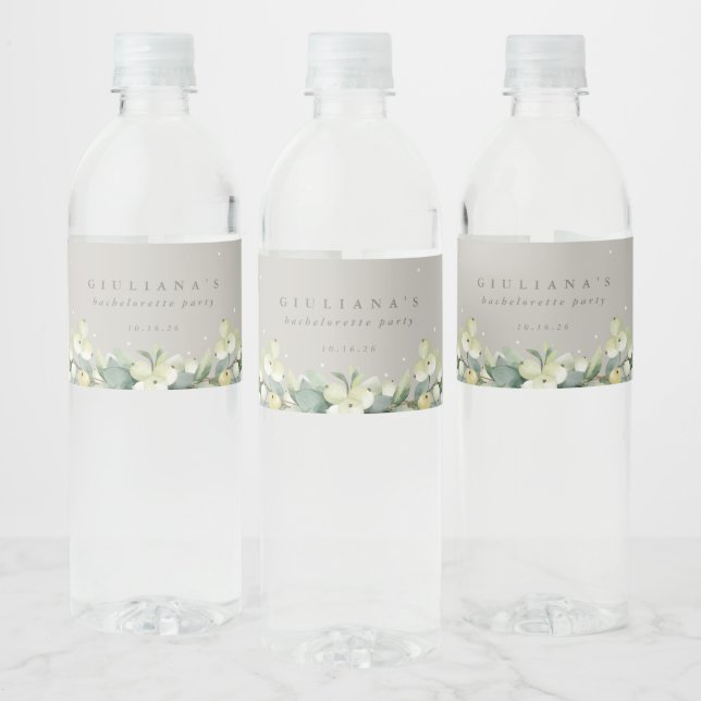 Greige Snowberry+Eucalyptus Bachelorette/Shower Water Bottle Label (Bottles)
