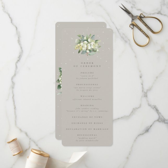 Greige Snowberry+Eucalyptus Bouquet Winter Wedding Program (Front/Back In Situ)