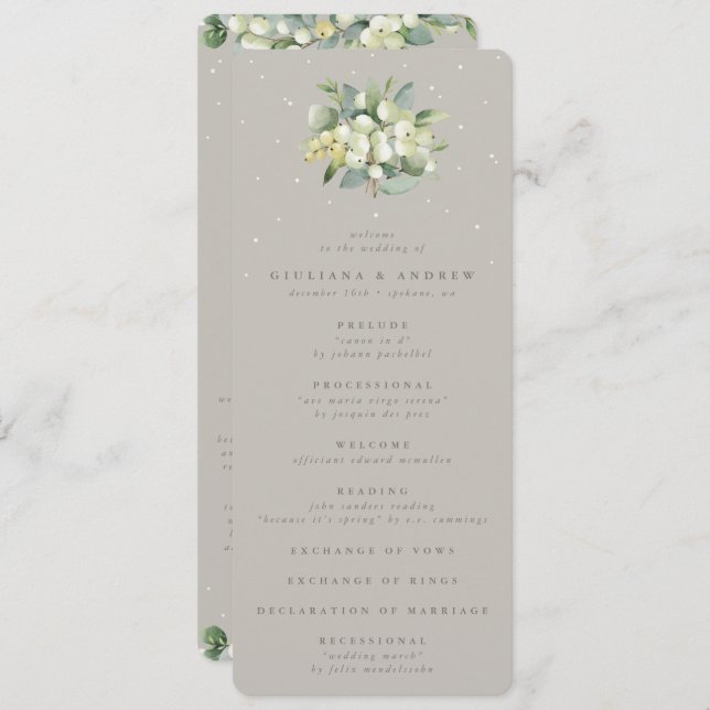 Greige Snowberry+Eucalyptus Bouquet Winter Wedding Program (Front/Back)