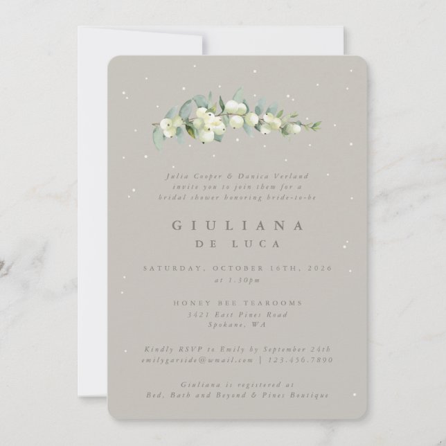 Greige Snowberry+Eucalyptus Bridal Shower Invitation (Front)