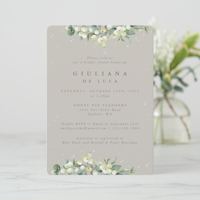 Greige Snowberry+Eucalyptus Bridal Shower Invitation (Standing Front)