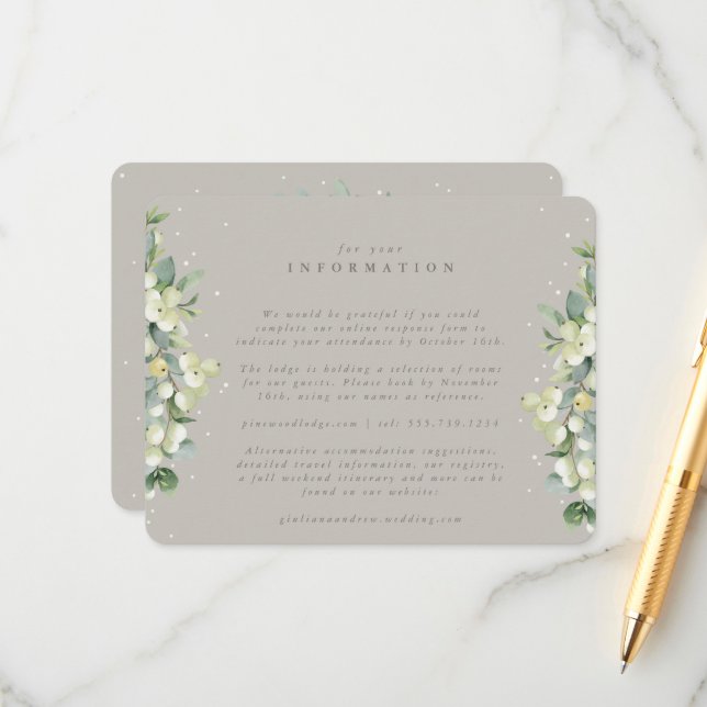 Greige Snowberry+Eucalyptus Edged Wedding Info Enclosure Card (Front/Back In Situ)