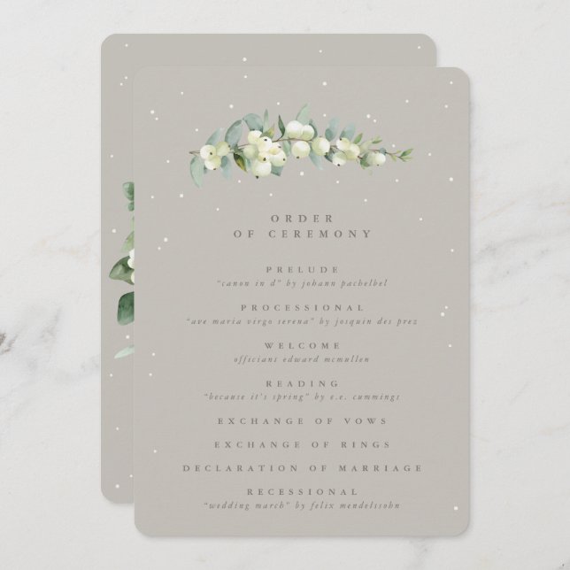 Greige Snowberry+Eucalyptus Stem Winter Wedding Program (Front/Back)