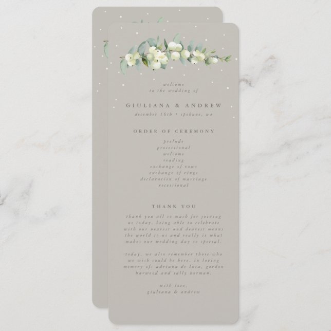 Greige Snowberry+Eucalyptus Stem Winter Wedding Program (Front/Back)