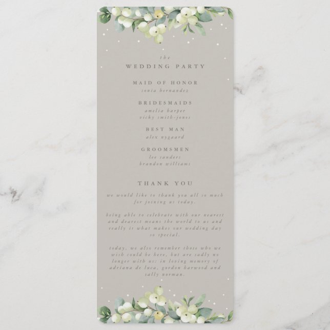 Greige Snowberry+Eucalyptus Stem Winter Wedding Program (Back)