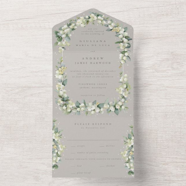 Greige Snowberry+Eucalyptus Wedding All In One Invitation (Inside)