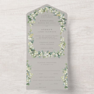 Greige Snowberry+Eucalyptus Wedding All In One Invitation