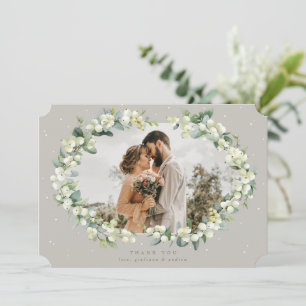 Greige Snowberry+Eucalyptus Wedding Flat Photo Thank You Card