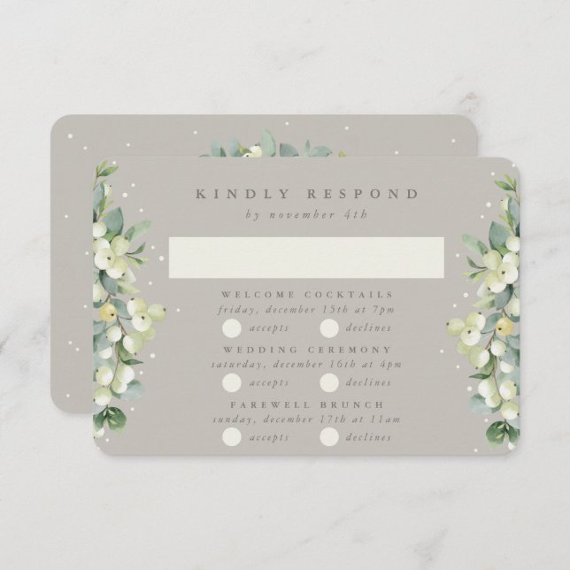 Greige Snowberry+Eucalyptus Wedding Multi-Event RSVP Card (Front/Back)