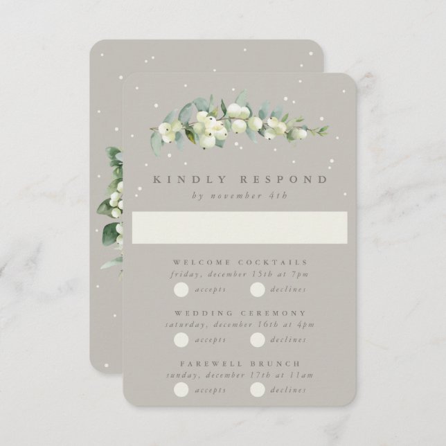 Greige Snowberry+Eucalyptus Wedding Multi-Event RSVP Card (Front/Back)