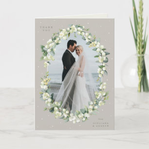 Greige Snowberry+Eucalyptus Wedding Photo Folded Thank You Card