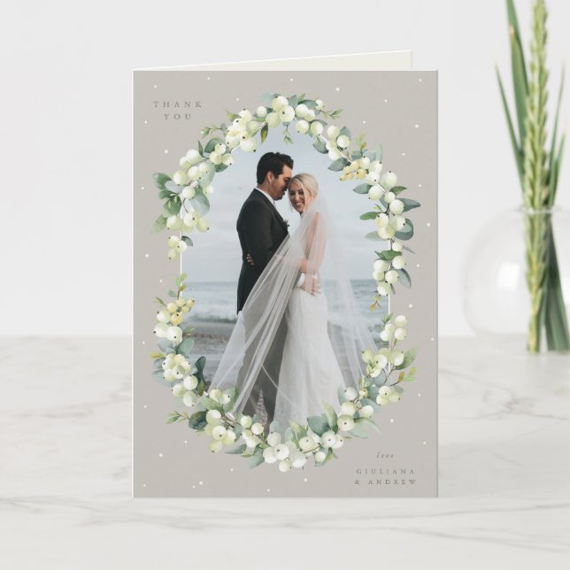 Greige Snowberry+Eucalyptus Wedding Photo Folded Thank You Card (Front)