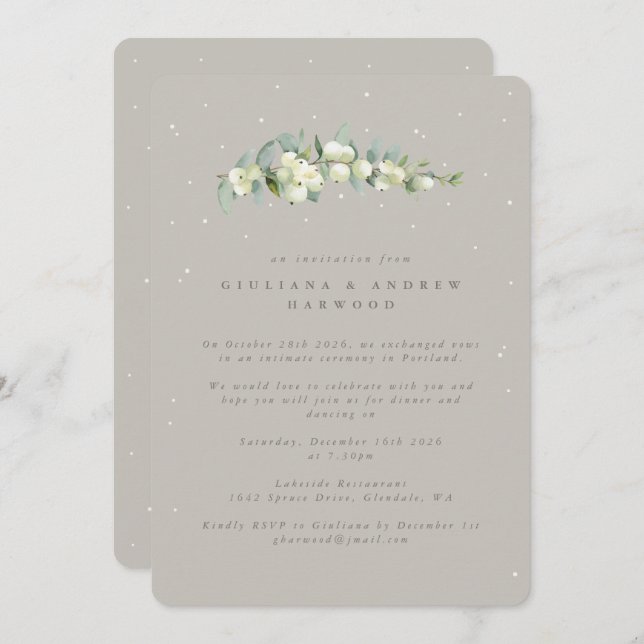 Greige Snowberry+Eucalyptus Wedding Reception Invitation (Front/Back)