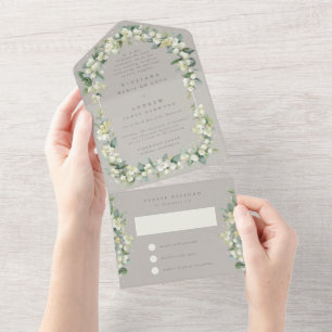 Greige Snowberry+Eucalyptus Wedding Reception Only All In One Invitation