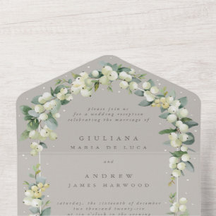 Greige Snowberry+Eucalyptus Wedding Reception Only All In One Invitation