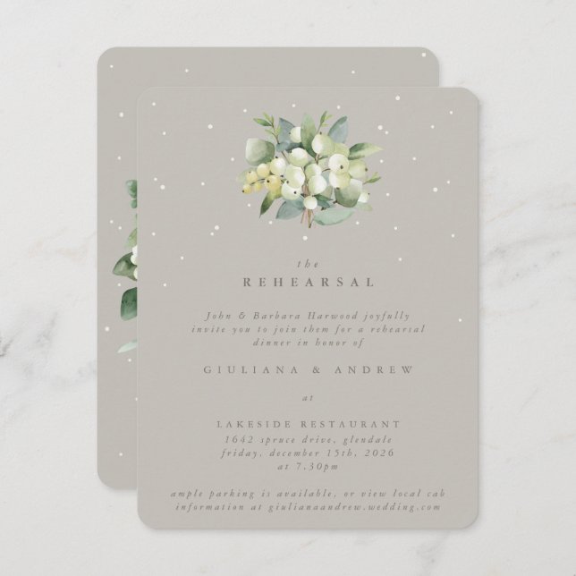 Greige Snowberry+Eucalyptus Wedding Rehearsal Enclosure Card (Front/Back)