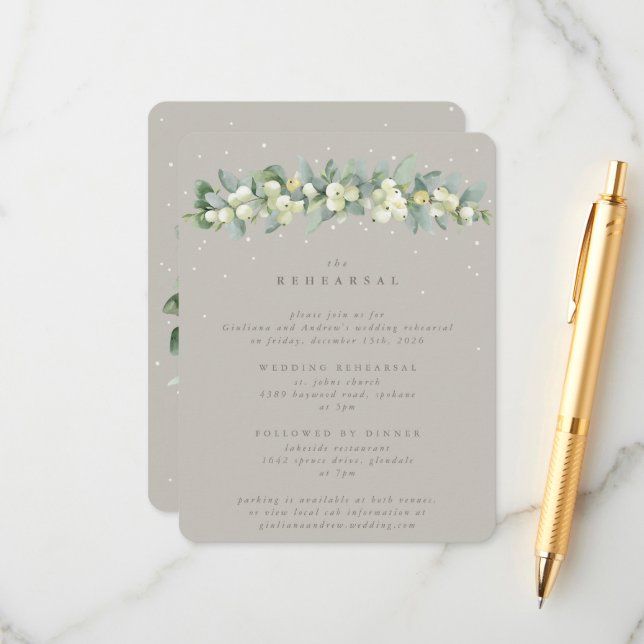Greige Snowberry+Eucalyptus Wedding Rehearsal Enclosure Card (Front/Back In Situ)