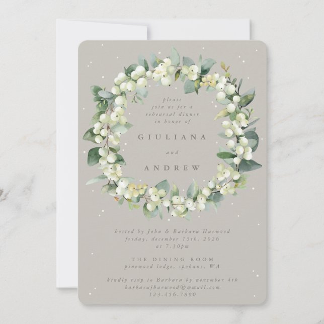 Greige Snowberry+Eucalyptus Wedding Rehearsal Invitation (Front)