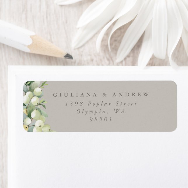 Greige Snowberry+Eucalyptus Wedding Return Address Label (Insitu)