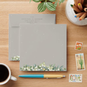 Greige Snowberry+Eucalyptus Wedding Square Envelope