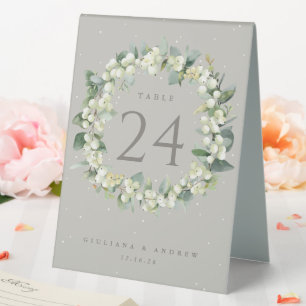 Greige Snowberry+Eucalyptus Wedding Table Number