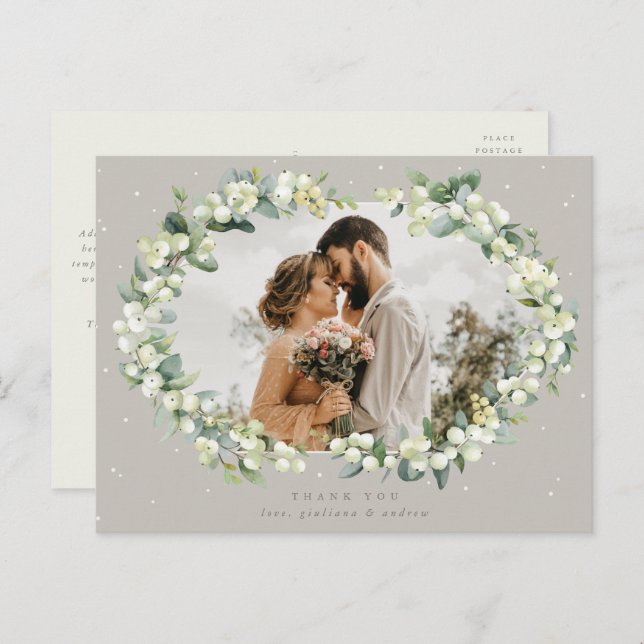 Greige Snowberry+Eucalyptus Wedding Thank You Postcard (Front/Back)