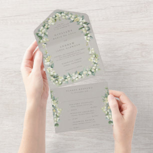 Greige Snowberry+Eucalyptus Winter Wedding All In One Invitation