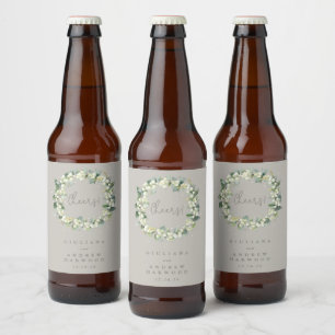 Greige Snowberry+Eucalyptus Winter Wedding Beer Bottle Label