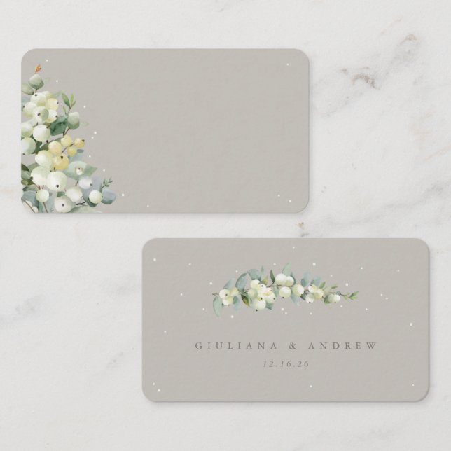 Greige Snowberry+Eucalyptus Winter Wedding Flat Place Card (Front/Back)