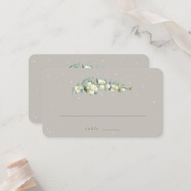 Greige Snowberry+Eucalyptus Winter Wedding Flat Place Card (Front/Back In Situ)