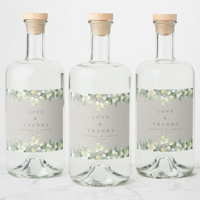 Greige Snowberry+Eucalyptus Winter Wedding Liquor Bottle Label (Bottles)