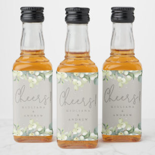 Greige Snowberry+Eucalyptus Winter Wedding Mini Liquor Bottle Label