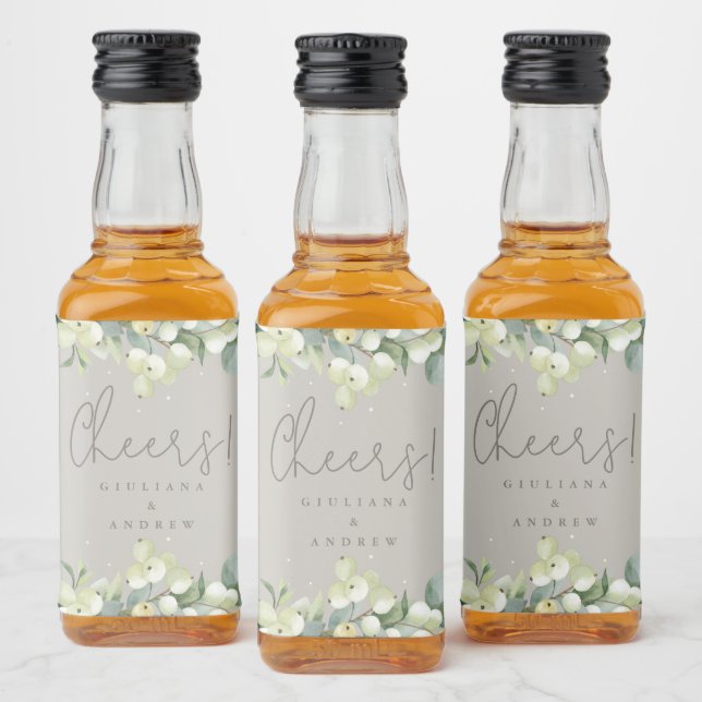 Greige Snowberry+Eucalyptus Winter Wedding Mini Liquor Bottle Label (Bottles)