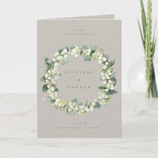 Greige Snowberry+Eucalyptus Winter Wedding Program (Front)