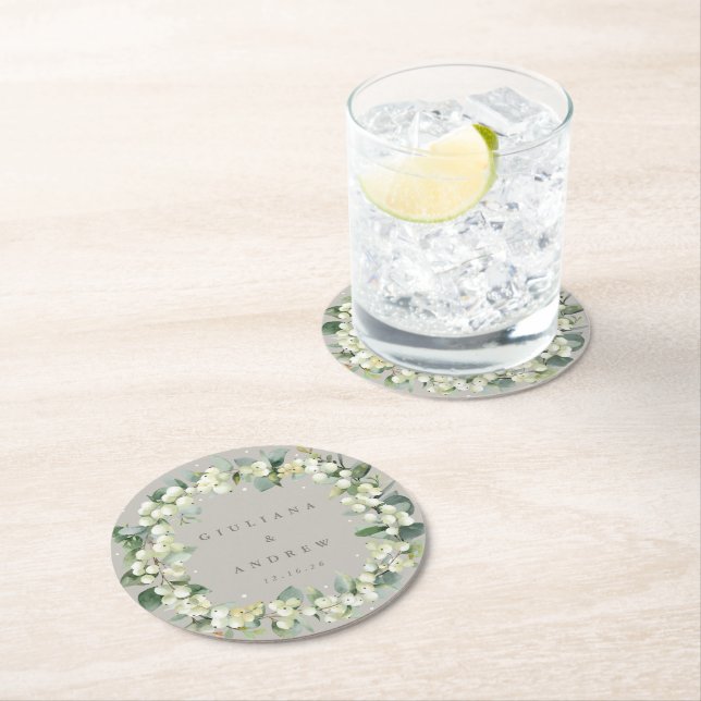 Greige Snowberry+Eucalyptus Winter Wedding  Round Paper Coaster (Insitu)
