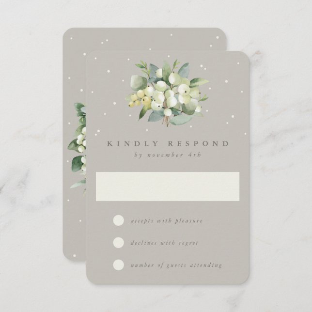 Greige Snowberry+Eucalyptus Winter Wedding RSVP Card (Front/Back)